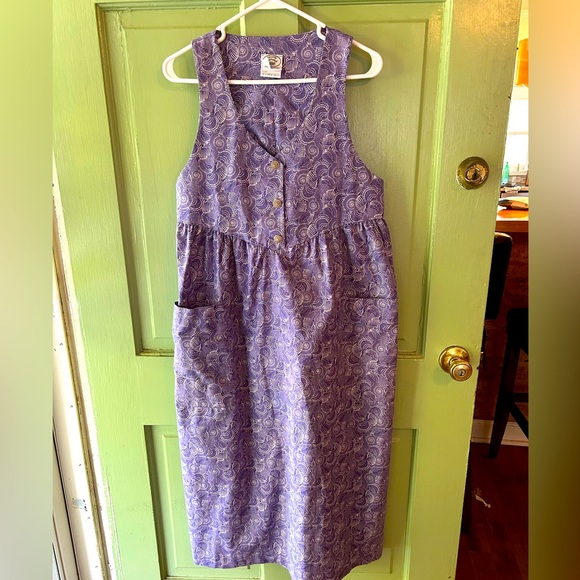 Vintage Women's Laura Ashley lavender shell print  Cotton Apron Dress Size 12 - Picture 1 of 8